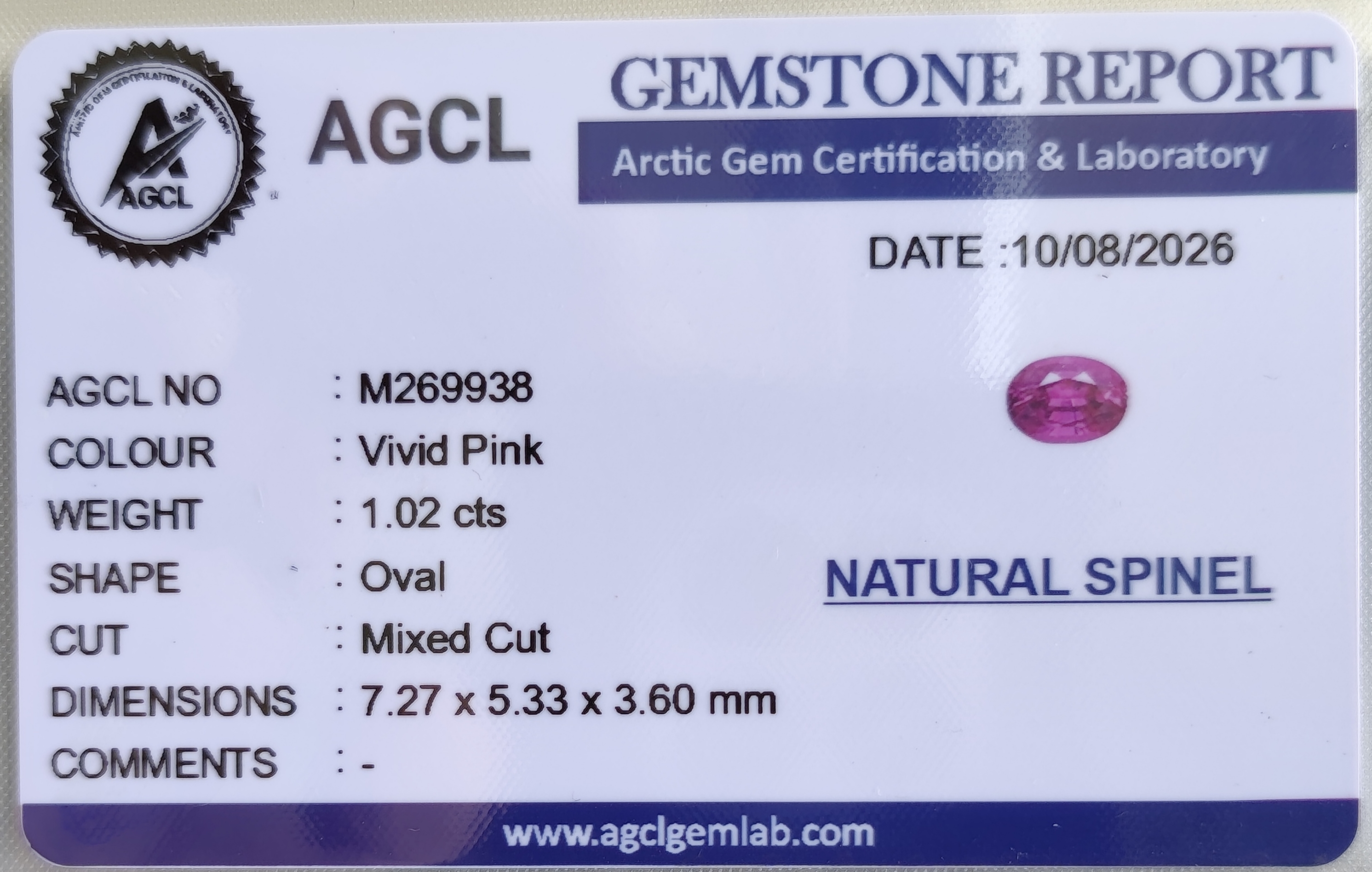 Gem certificate 1 for Natural Spinel